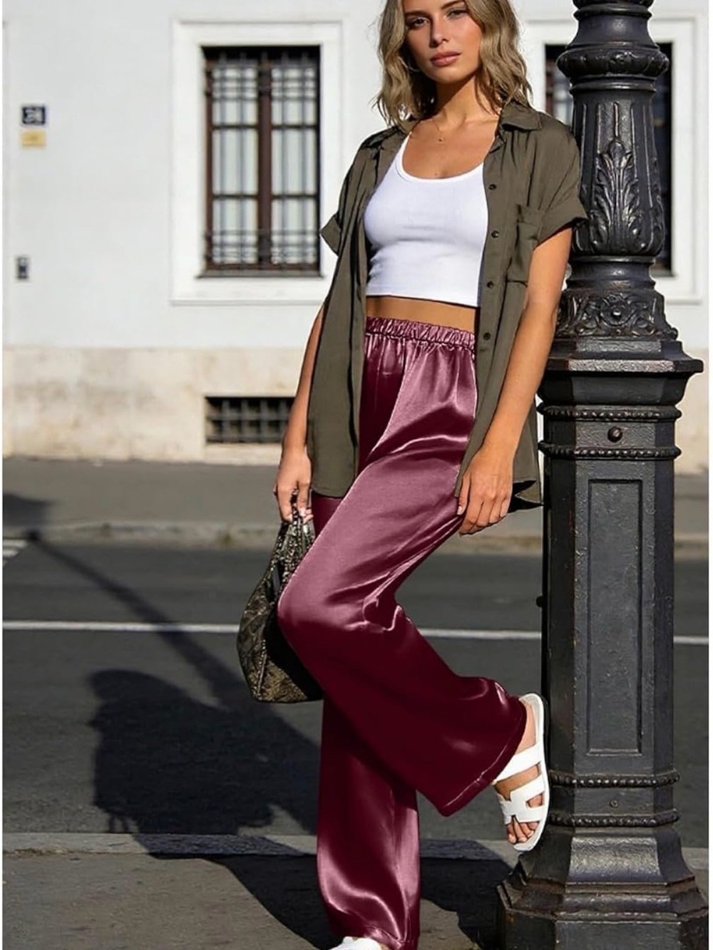 Women’s Elastic Waist Satin Pants - Wine Red